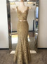 Two Piece Mermaid V-Neck Gold Long Lace Prom Dress