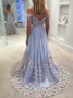 Appliques Butterfly Off-the-Shoulder Light Sky Blue Tulle Prom Dress