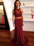 Sheath Two Piece Lace Scoop Maroon Spandex Prom Dress