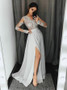 Appliques V-Neck Long Sleeves Light Grey Chiffon Prom Dress