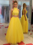Two Piece Jewel Beading Open Back Yellow Prom Dress 