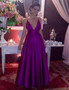 A-Line Deep V-Neck Purple  Backless  Stretch Satin Prom Dress