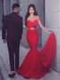Keyhole Cut Out Red Stretch Satin Mermaid Sweetheart Long Prom Dress