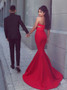 Keyhole Cut Out Red Stretch Satin Mermaid Sweetheart Long Prom Dress