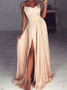 Spaghetti Straps Appliques Split-Side Champagne Chiffon Prom Dress 