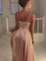 Spaghetti Straps Appliques Split-Side Champagne Chiffon Prom Dress 