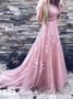  Appliques Crew Court Train Backless Pink Tulle Prom Dress