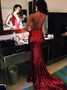 Mermaid Halter Long Open Back Backless Red Sequin Prom Dress