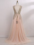 A-Line Deep V-Neck  Beading Champagne Tulle Prom Dress