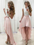 A-Line Jewel Sash Lace High Low Pearl Pink Prom Dress 