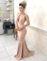 Mermaid Jewel Keyhole Long Backless Champagne Prom Dress 