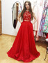 Two Piece Bateau Appliques Pockets Long Red Prom Dress 