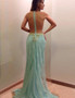 Mermaid Crew See Trough  Beading Long Light Blue Lace Prom Dress