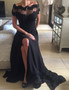 See Through  Off-the-Shoulder Short Sleeves Long Black Prom Dress