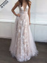 Long Champagne Tulle A-Line Deep V-Neck Prom Dress