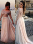  Beading Bateau Long Sleeves Tulle Pearl Pink Prom Dress