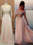  Beading Bateau Long Sleeves Tulle Pearl Pink Prom Dress
