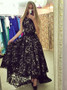 Sash Jewel Sleeveless Hi-Low Black Lace Prom Dress