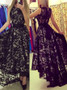 Sash Jewel Sleeveless Hi-Low Black Lace Prom Dress
