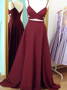 Two Piece A-Line V-Neck Ruched Long Burgundy Prom Dress