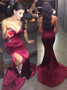Sexy Burgundy Mermaid Sweetheart Split-Side Elastic Satin Prom Dress
