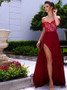  Lace Top Strapless Short Sleeves Long Wine Prom Dress 