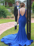 Mermaid Bateau Long  Backless Train Royal Blue  Red Prom Dress