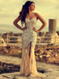 Beading Sequins Mermaid Spaghetti Straps Long Champagne Prom Dress