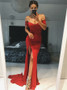 Split Mermaid Off-the-shoulder Long Burgundy Satin Prom Dress 