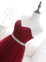 Burgundy Sweetheart Sweep Train Tulle Rhinestone Prom Dress