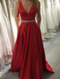 V-Neck Long Satin Rhine Stone Beading Prom Dress