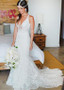  Lace V-neck  See Through Mermaid Wedding Dress With Lace Appliques