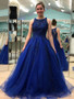 Beaded Appliques Tulle Scoop Neckline A-line Prom Dress