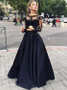 Bateau Long Sleeves Satin Black Two Piece Prom Dress