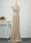 Beadings Gold Sparkle Tulle High Collar Sheath/Column Prom Dress