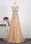 Beading Sheer Back Tulle Jewel Long Gold A-line Prom Dress
