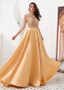 Gold Tulle & Satin High Collar Floor-length Beading A-line Prom Dress