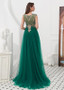  Tulle Jewel Green Lace Appliques Detachable Shawl A-line Prom Dress