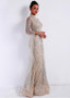 Sparkling Champagne Long Sleeve Tulle High Collar Mermaid Evening Dresses