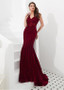  Lace V-neck Beading Wine Red  Floor-length Mermaid Evening Dress