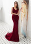  Lace V-neck Beading Wine Red Floor-length Mermaid Evening Dress