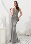 Silver Tulle V-neck Rhinestone Floor-length Mermaid Evening Dress