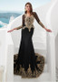 Spandex V-neck Black Mermaid Evening Dresses With Lace Appliques & Detachable Shawl