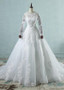 Lace Appliques & Belt & Bowknot Tulle Jewel Long Sleeve A-line Wedding Dress