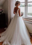 Tulle & Satin Bateau Bowknot V-cut Back A-line Wedding Dress