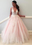  Tulle V-neck Pink Handmade Flower Beading Floor-length A-line Prom Dress