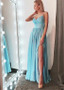 Sexy Tulle & Chiffon Spaghetti Straps Blue Beading  A-line Prom Dress