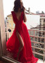 Sexy  V-neck Red Chiffon Long A-line Evening Dress
