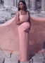 Spandex & Chiffon Square Pink Sheath Column Evening Dress With Shawl