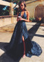  Lace Halter Blue Long A-line Prom Evening Dress With Slit